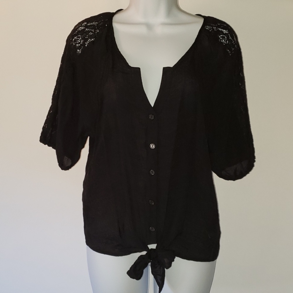 Black Button Up Sheer Cardigan w/Lace Shoulders